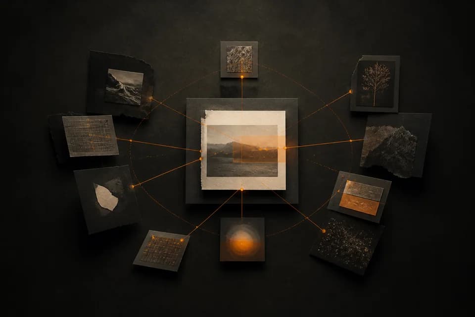 Fragmentos de conhecimento convergindo por relações luminosas